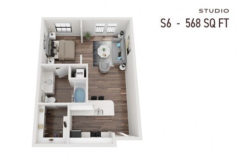 Floor plan for studio, 1 bath, 568 sqft